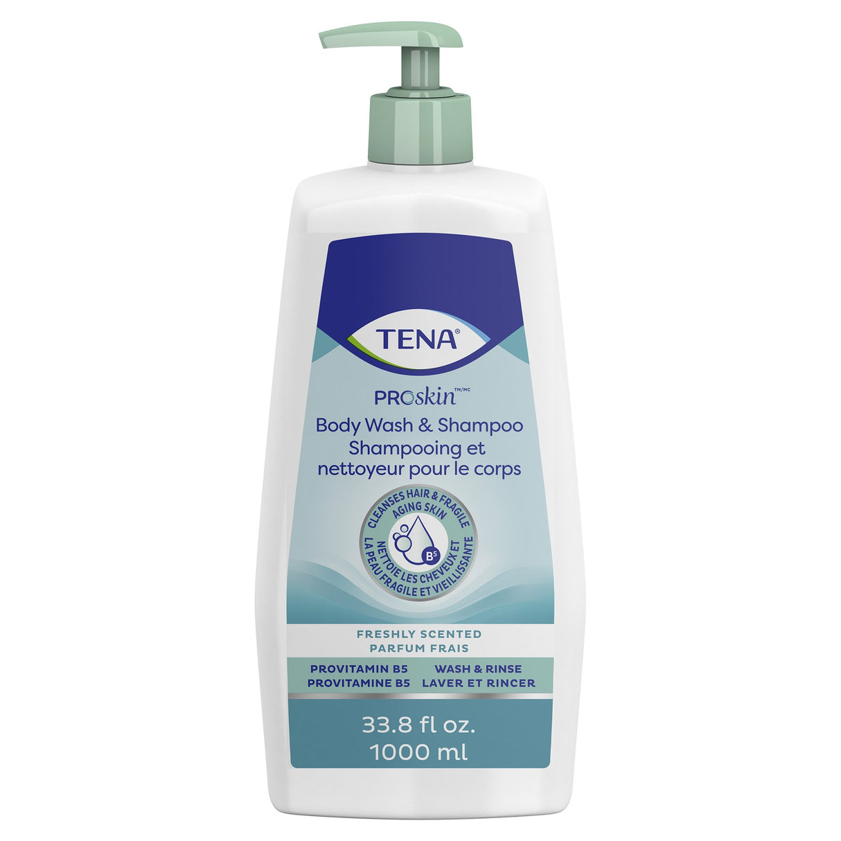 A white 33.8 fl oz (1000 mL) pump bottle of TENA ProSkin Body Wash & Shampoo Fragrance Free, with blue and green accents and bilingual English/French text; this pH-balanced cleanser is by TENA.