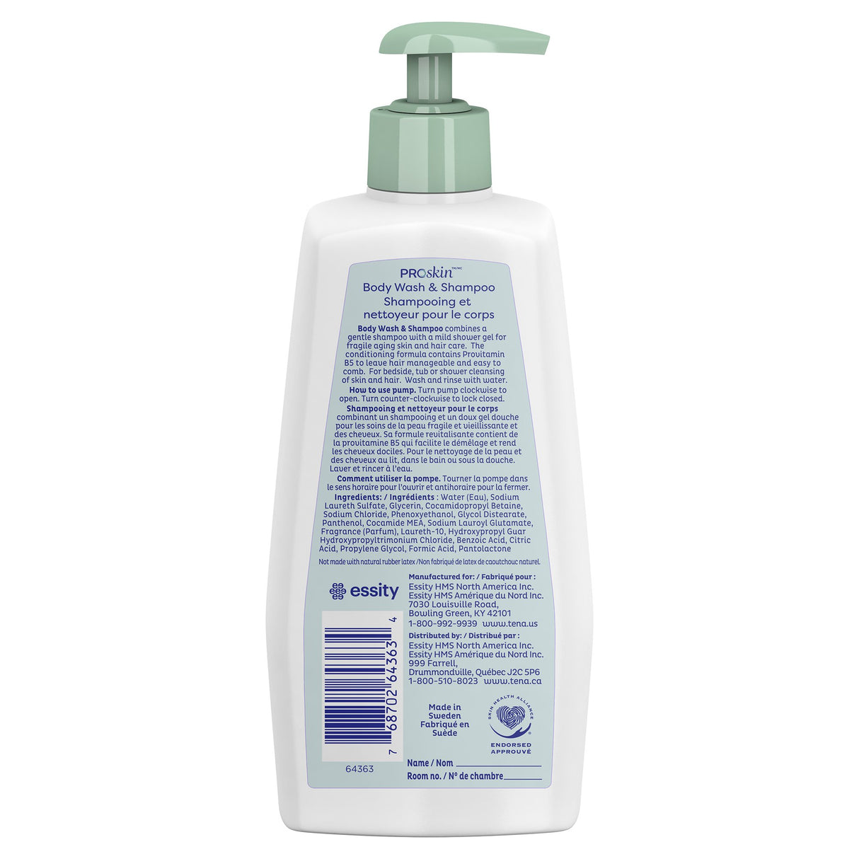 A white bottle of TENA ProSkin Body Wash & Shampoo Freshly Scented by TENA with a green pump top, showing the back label with English and French instructions—designed for gentle cleansing of sensitive skin.