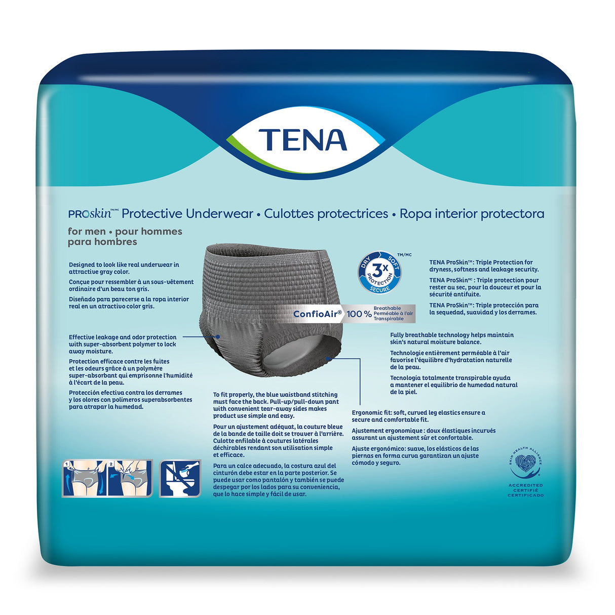 TENA ProSkin Underwear for Men offers comfort and protection. Image shows gray incontinence briefs by TENA with product info in English, French, and Spanish on a teal and blue background.