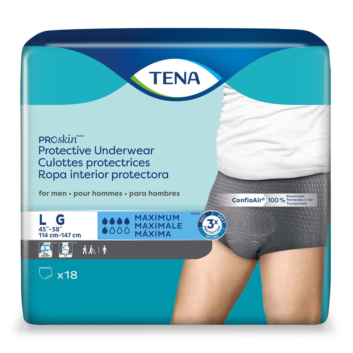 TENA ProSkin Underwear for Men, size Large (45-58), features a partial image of a man wearing the product and details in English, French, and Spanish. ProSkin technology by TENA provides comfort and protection for daily incontinence needs.