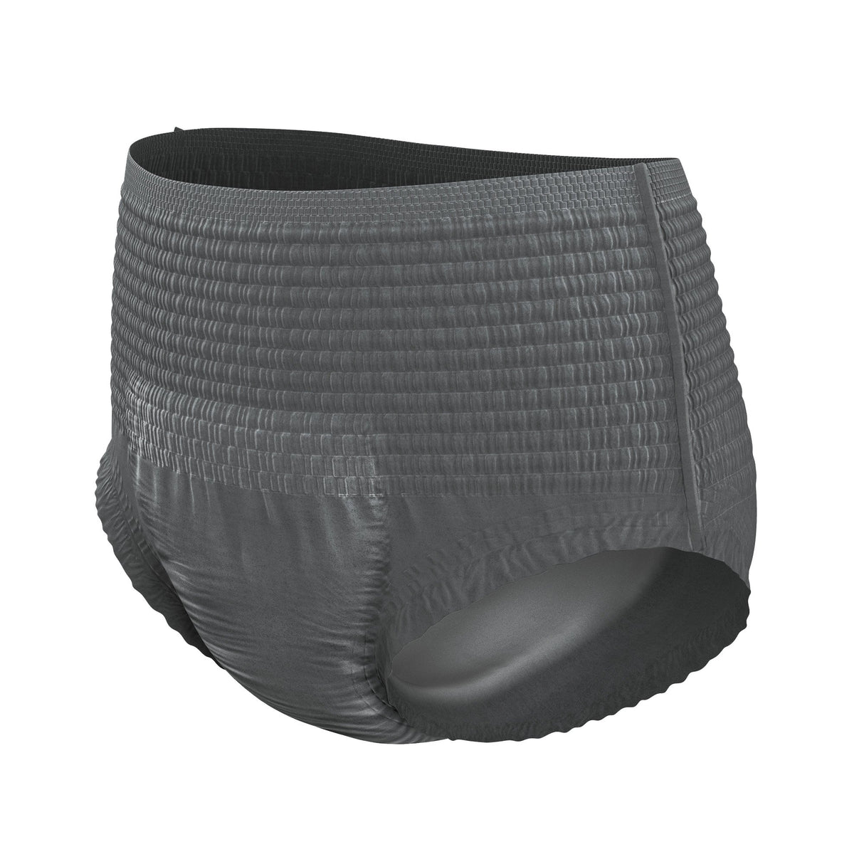 The TENA ProSkin Underwear for Men by TENA is a dark gray, disposable, textured, and stretchy underwear with elastic leg openings and waistband, shown from a three-quarter angle on a white background.