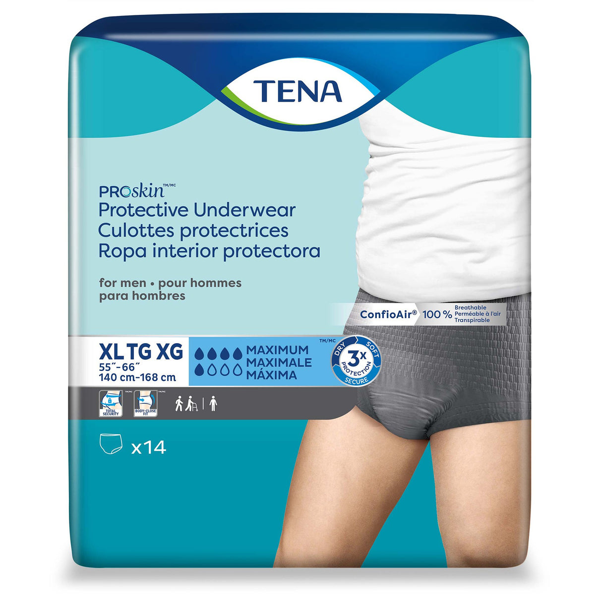 A 14-pack of TENA ProSkin Underwear for Men, size XL (55-66). Blue and white packaging shows a man wearing the briefs and highlights ProSkin technology. Text is in English, French, and Spanish. Brand: TENA.