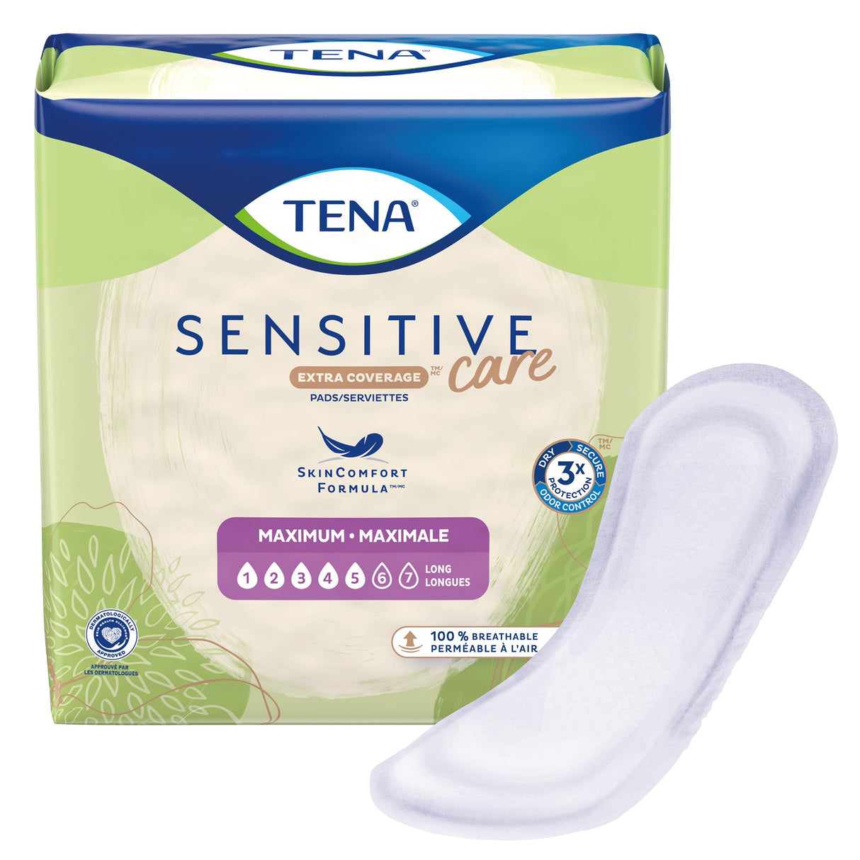 A pack of TENA Sensitive Care Maximum Pads from TENA is shown with one leakage pad outside the green and cream package, featuring blue accents and highlighting maximum absorbency.