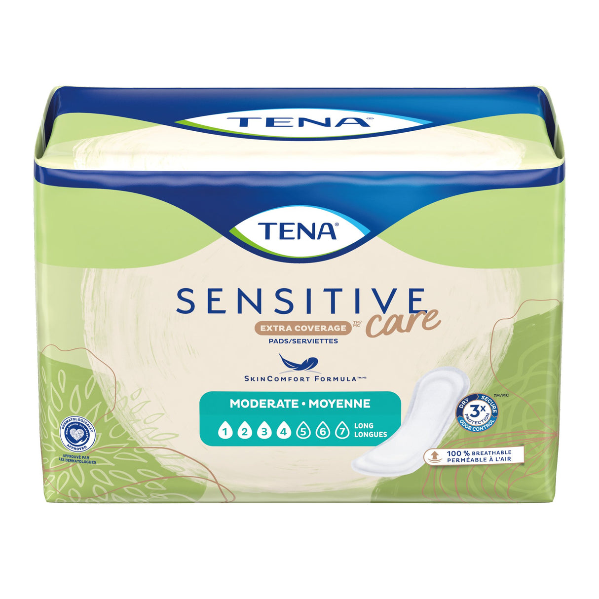 A package of TENA Sensitive Care Extra Coverage Moderate Incontinence Pads is displayed in green and white, featuring a pad illustration and emphasizing extra coverage plus 100% breathability for moderate bladder leakage protection.