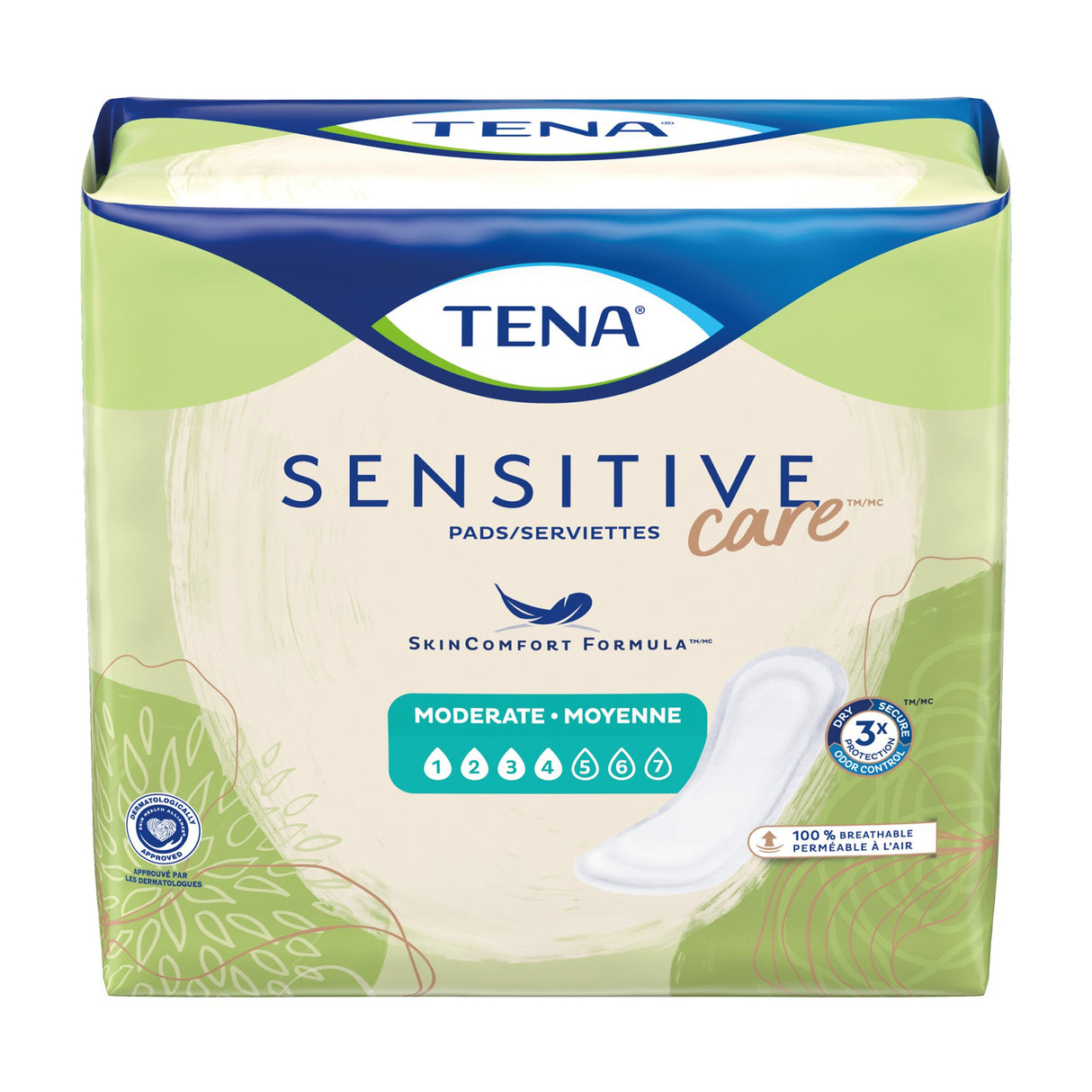 Package of TENA Sensitive Care Extra Coverage Moderate Incontinence Pads by TENA, offering moderate bladder leakage protection with the SkinComfort Formula. The green and beige pack shows product info and a pad illustration at the bottom right.