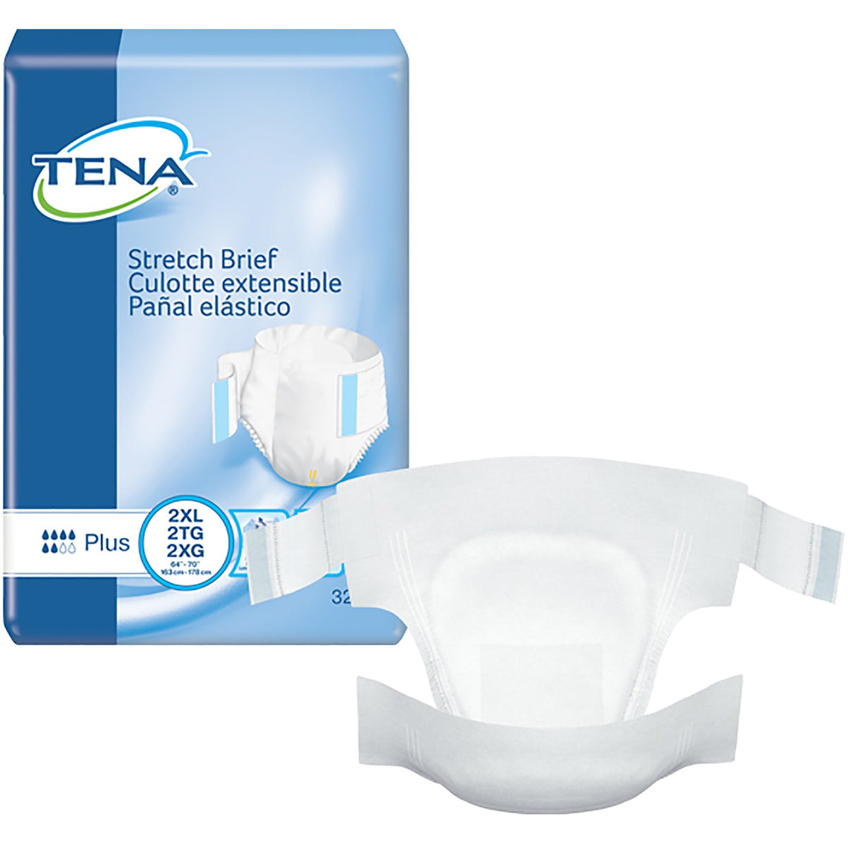 A package of TENA Stretch Plus Incontinence Briefs by TENA is shown beside an unfolded brief. The blue packaging displays English and Spanish details. The white briefs feature stretchable side tabs and provide moderate absorbency.