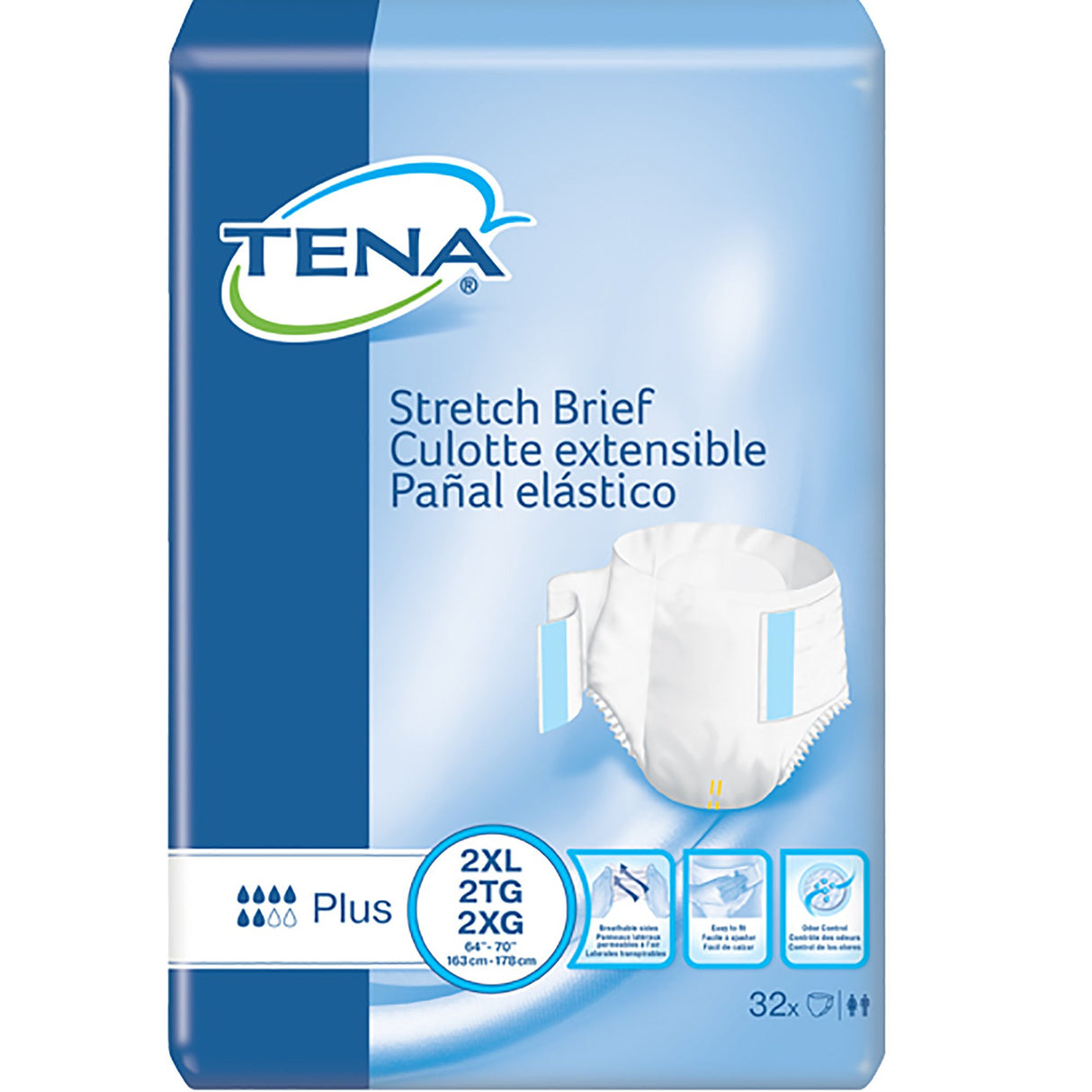 A 32-count package of TENA Stretch Plus Incontinence Briefs, size 2XL (waist 64-70”), offers moderate absorbency. Blue and white packaging from TENA features English, French, and Spanish details.