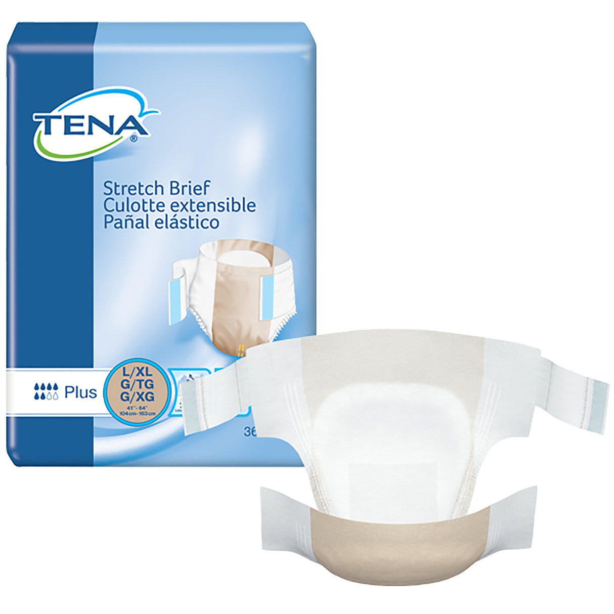 A package of TENA Stretch Plus Incontinence Briefs by TENA, size L/XL, is displayed beside a single unfolded brief with stretchable side tabs. The blue and white pack highlights moderate absorbency and multilingual details.