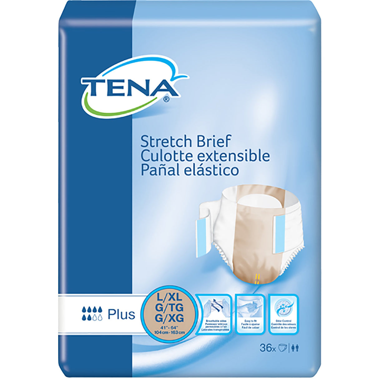 A blue package of TENA Stretch Plus Incontinence Briefs by TENA. The L/XL pack includes 36 moderate absorbency briefs, with product information in English, French, and Spanish.