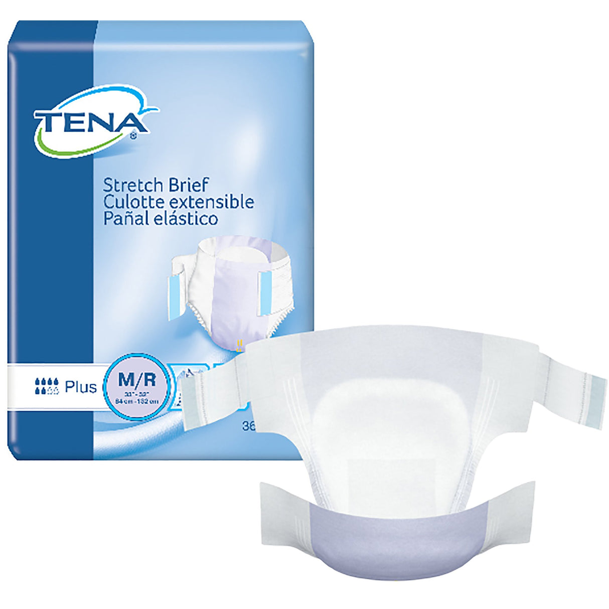 A pack of TENA Stretch Plus Incontinence Briefs by TENA is pictured, with one unfolded brief in front. The blue and white packaging displays product details, moderate absorbency, and sizing information.