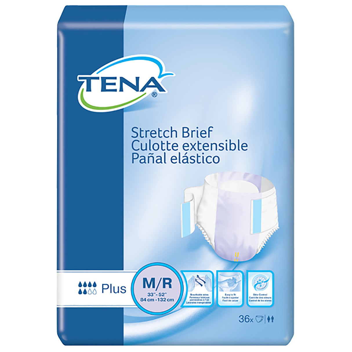 TENA Stretch Plus Incontinence Briefs, size M/R (33-52), blue/white, labeled in English, French & Spanish; moderate absorbency adult briefs by TENA, 36 count per package.