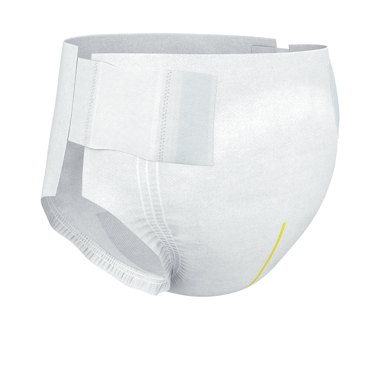 TENA Stretch Plus Incontinence Briefs by TENA feature adhesive side tabs, elastic leg cuffs, and a yellow wetness indicator for moderate absorbency and reliable protection against adult incontinence.