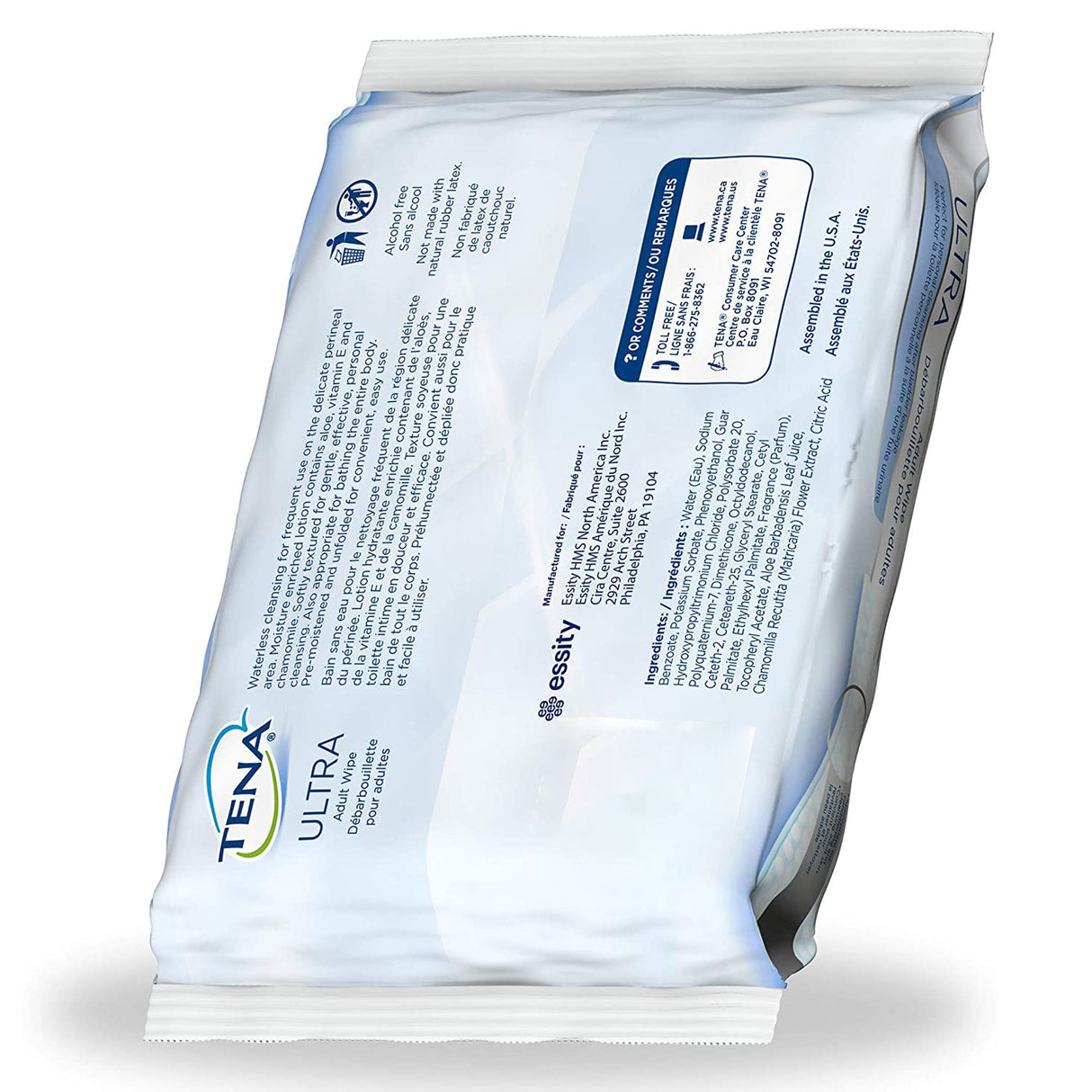 A package of TENA UltraFlush Washcloths by TENA is shown in a white and blue wrapper, displaying product details, usage instructions, and branding. The package appears slightly tilted to the side.