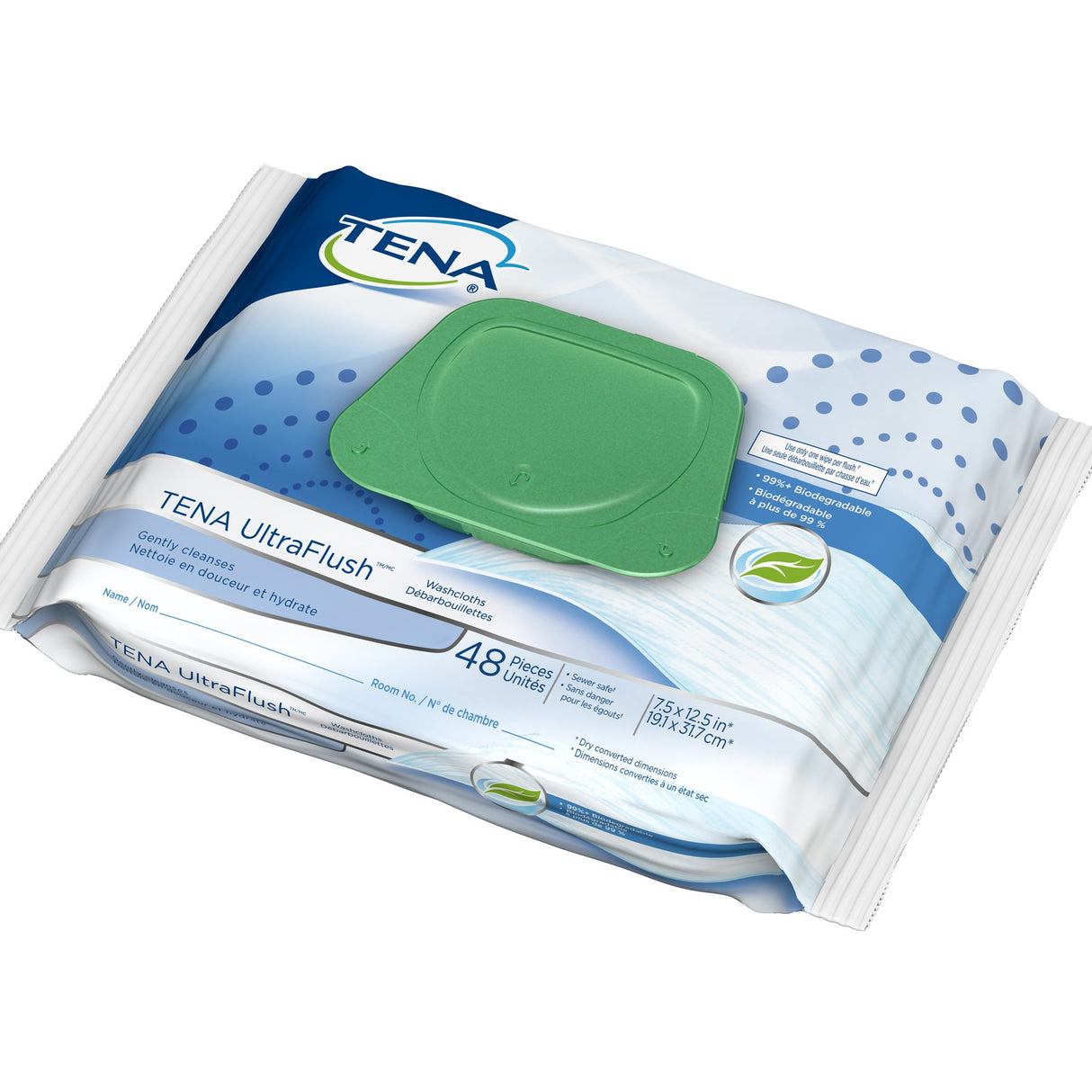 TENA UltraFlush Washcloths by TENA come in blue and white packaging with a green lid and contain 48 soft, flushable, disposable wipes for convenient cleaning.