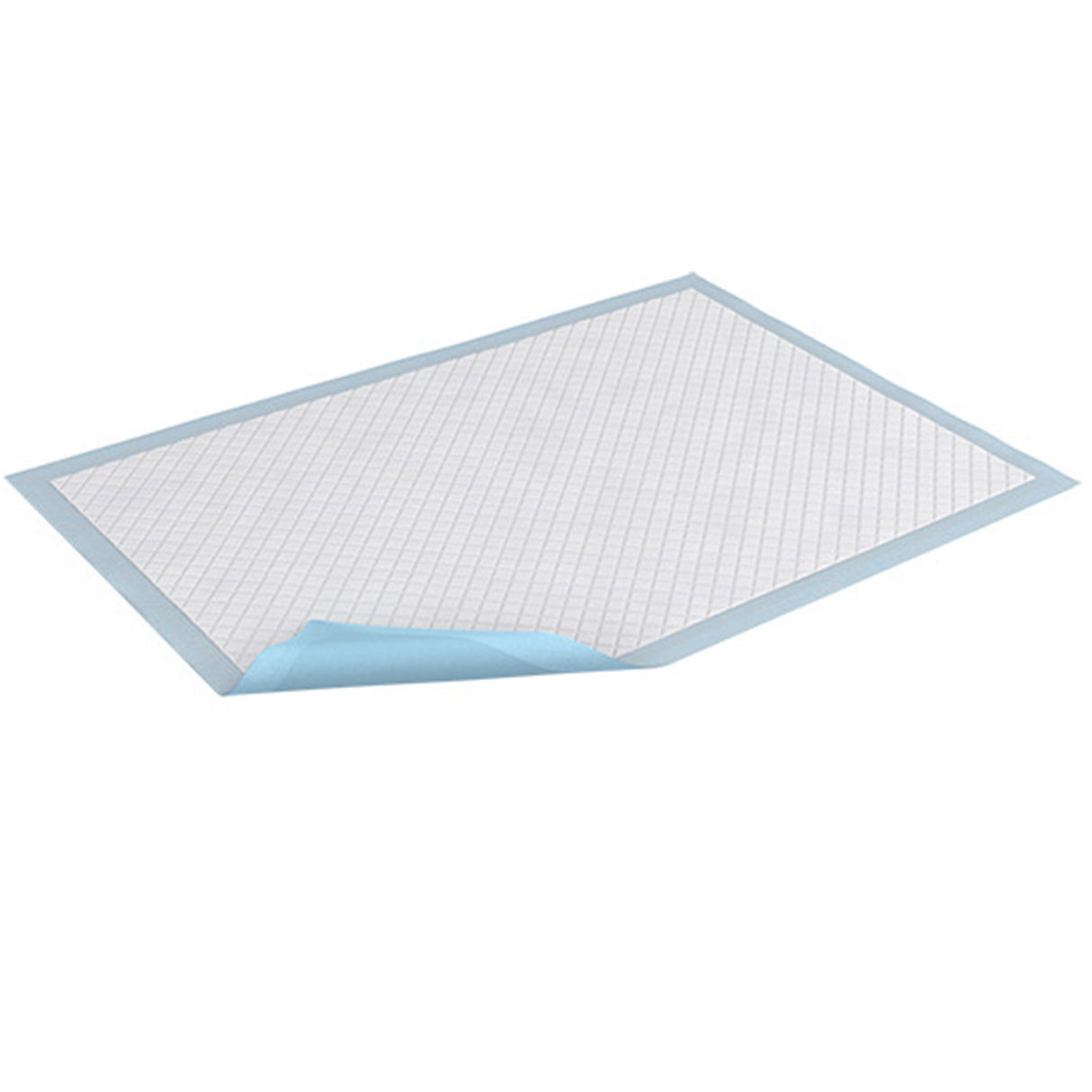 The TENA Underpad Large, Light Absorbency features a white quilted surface, blue border, and multilayer construction for reliable absorbency and moisture-proof protection.