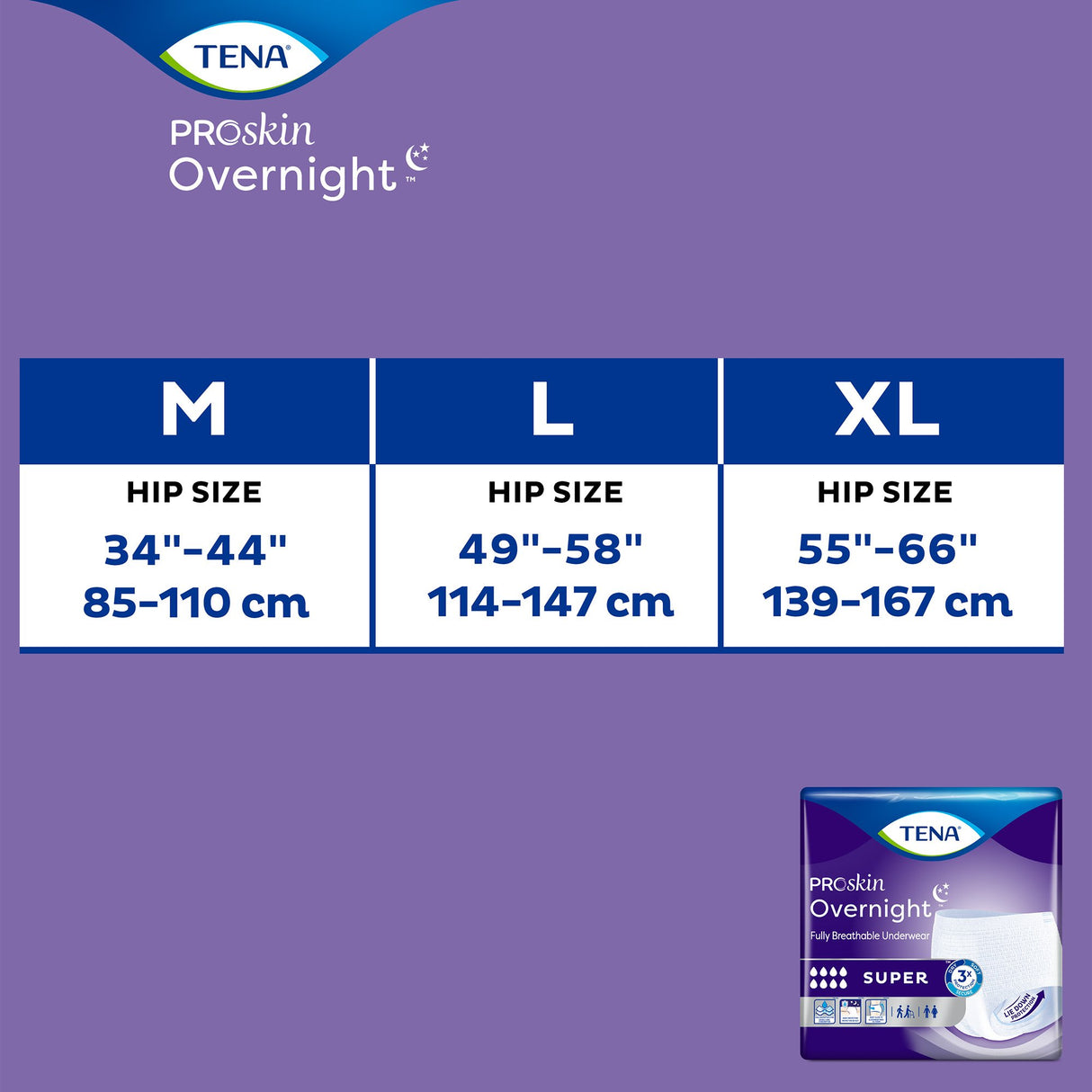 TENA ProSkin Overnight Super Protective Underwear sizing chart shows maximum absorbency for M (34-44/85-110cm), L (49-58/114-147cm), XL (55-66/139-167cm); product packaging displayed bottom right on a purple background.