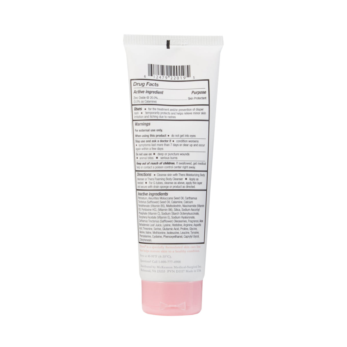 A white tube with a pink cap, labeled “Thera Calazinc Body Shield Skin Protectant, Scented” by McKesson, stands upright. The back lists drug facts, ingredients like calamine and zinc oxide, warnings, directions, and other info in black text.