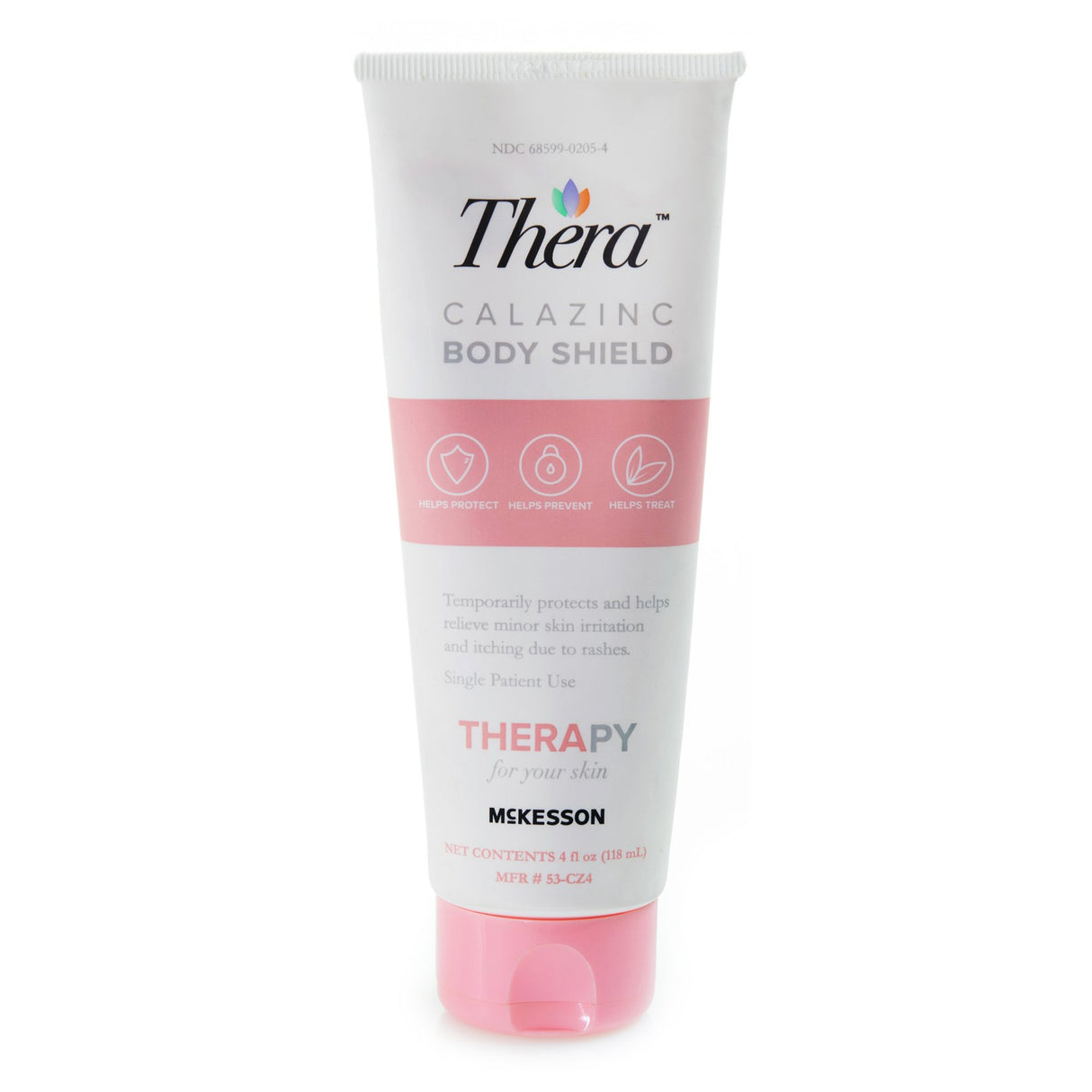 A white 4 oz tube of McKesson Thera Calazinc Body Shield Skin Protectant, Scented, with a pink flip cap. Contains calamine and zinc oxide to help protect, prevent, and treat minor skin irritation and rashes.