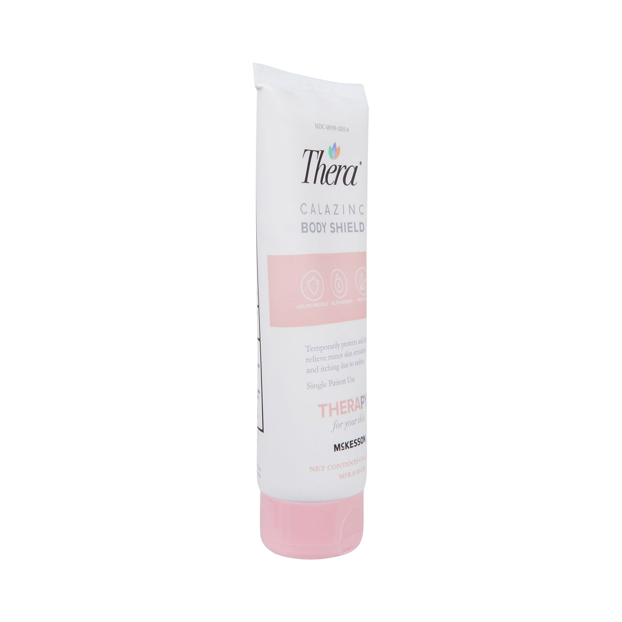 A tube of McKesson Thera Calazinc Body Shield Skin Protectant, Scented, with a white and pink label stands upright against a white background. Contains calamine and zinc oxide for soothing skin care.