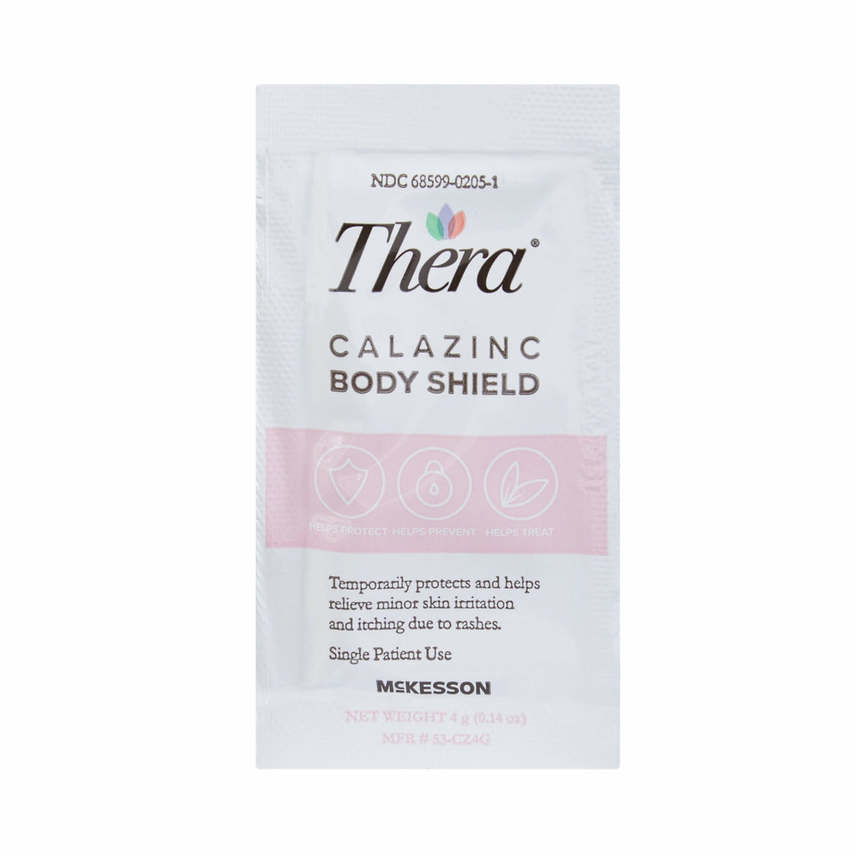 A 0.14 oz (4 g) packet of McKesson Thera Calazinc Body Shield Skin Protectant, Scented, for single patient use. Contains calamine and zinc oxide to help protect skin and treat minor rashes or irritation.