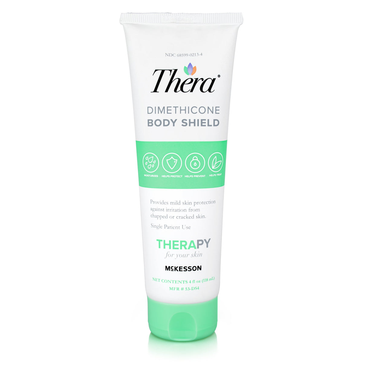 A tube of McKesson Thera Dimethicone Body Shield Skin Protectant, Scented, with a white and green design, offers mild hydration and protection against irritation. Labeled for single patient use.