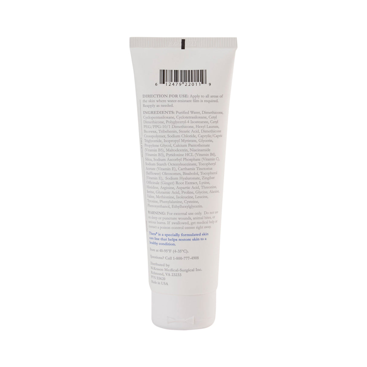 The back of the closed Thera Silicone Skin Guard, Unscented tube by McKesson has a barcode and mostly black text—directions, ingredients, warnings—and a small blue section at the bottom, all designed for sensitive skin protection.