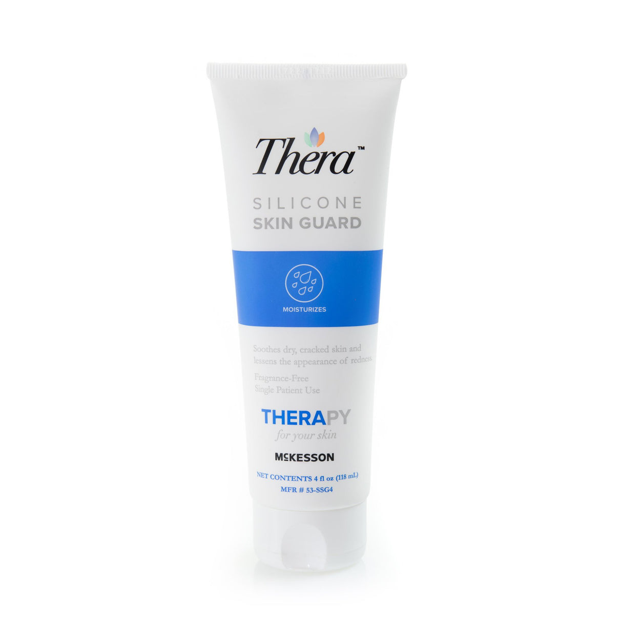 A 4 oz upright tube of McKesson Thera Silicone Skin Guard, Unscented, with white and blue labeling, designed to soothe dry, cracked skin and provide a medical-grade barrier for sensitive skin. Shown on a white background.