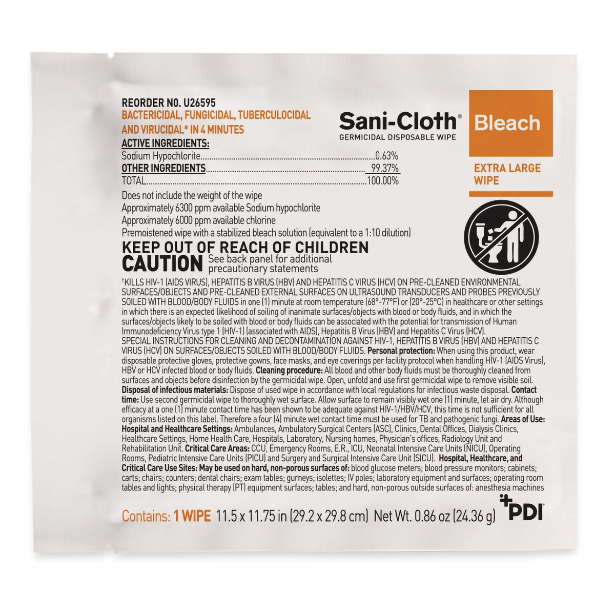 Sani-Cloth Bleach, Premoistened Germicidal Surface Disinfectant Cleaner Wipe, 11.5 x 11.75", Nonsterile - U26595 - LL Medico