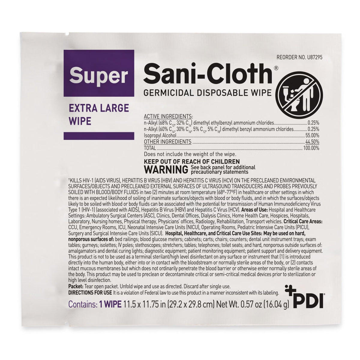 Super Sani-Cloth Germicidal Disposable Wipes, Premoistened Surface Disinfectant Cleaner, Alcohol Scent, Nonsterile, Individual Packets, 11.5" x 11.75" - U87295 - LL Medico