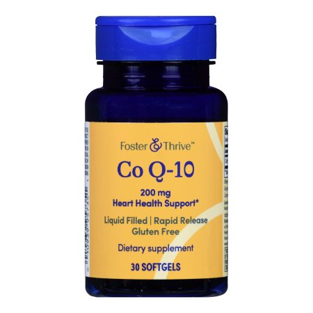 A blue bottle of Foster & Thrive Coenzyme Q-10 Vitamin Supplement (200 mg, 30 softgels) features a yellow label with heart health support, antioxidant protection, rapid release liquid filled softgels, and is gluten free.