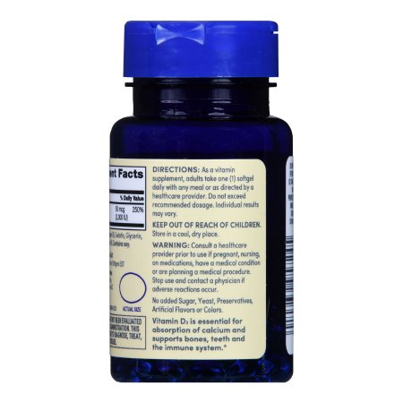 A blue plastic Foster & Thrive bottle with a blue cap displays the back label, which highlights directions, warnings, and information about this Vitamin D3 supplement for immune support and bone health. Some label text appears in bold.