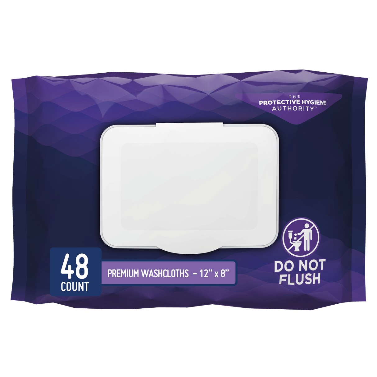 Prevail Premium Quilted Adult Washcloths by Prevail come in a pack of 48 (12 x 8) with a white plastic dispenser lid. The dark purple package displays Do Not Flush and a symbol to indicate this.