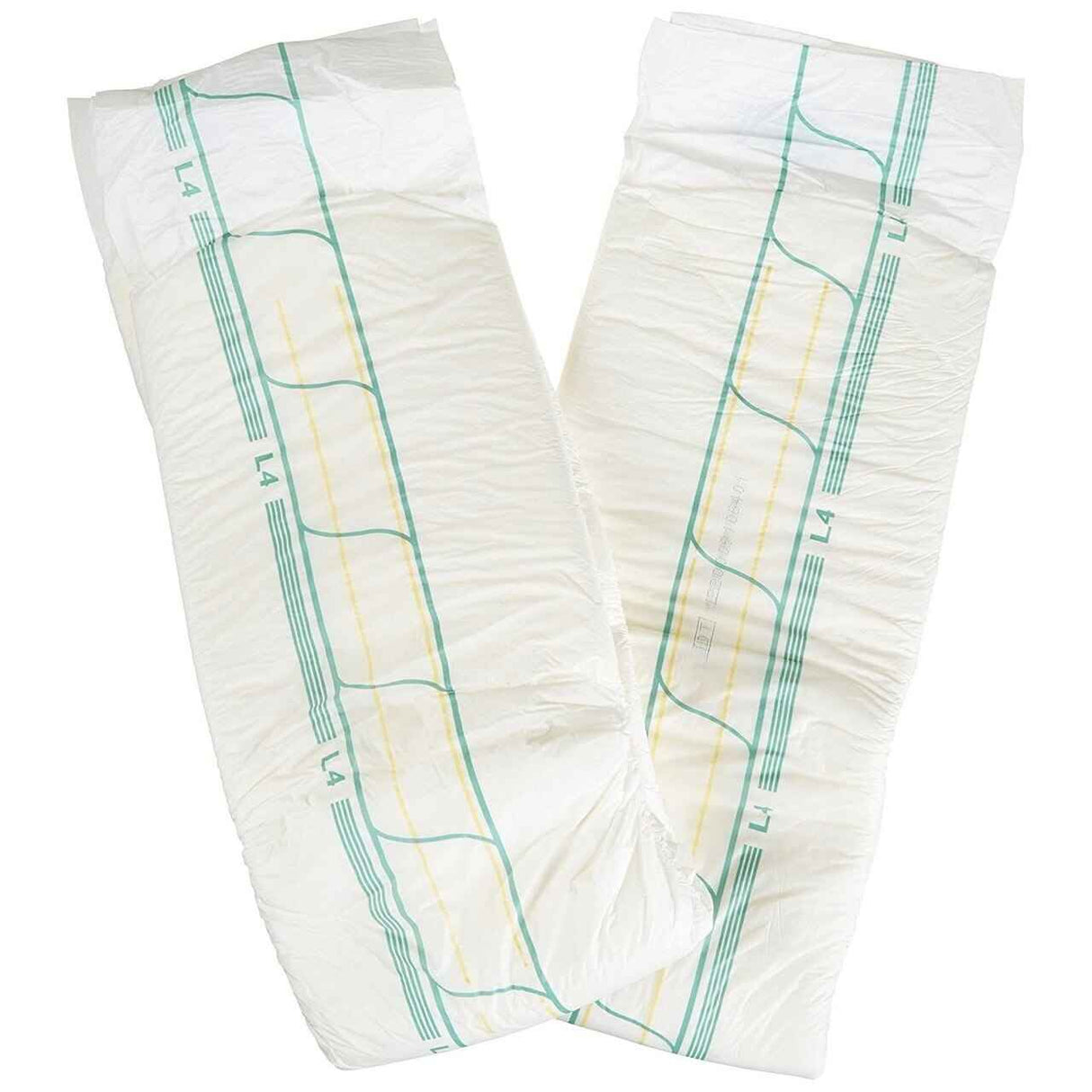 Two Abena Abri-Form Comfort Level 4 Adult Diapers w/ Plastic Backing by Abena, featuring white color with light blue and yellow lengthwise lines, are shown overlapping against a white background.