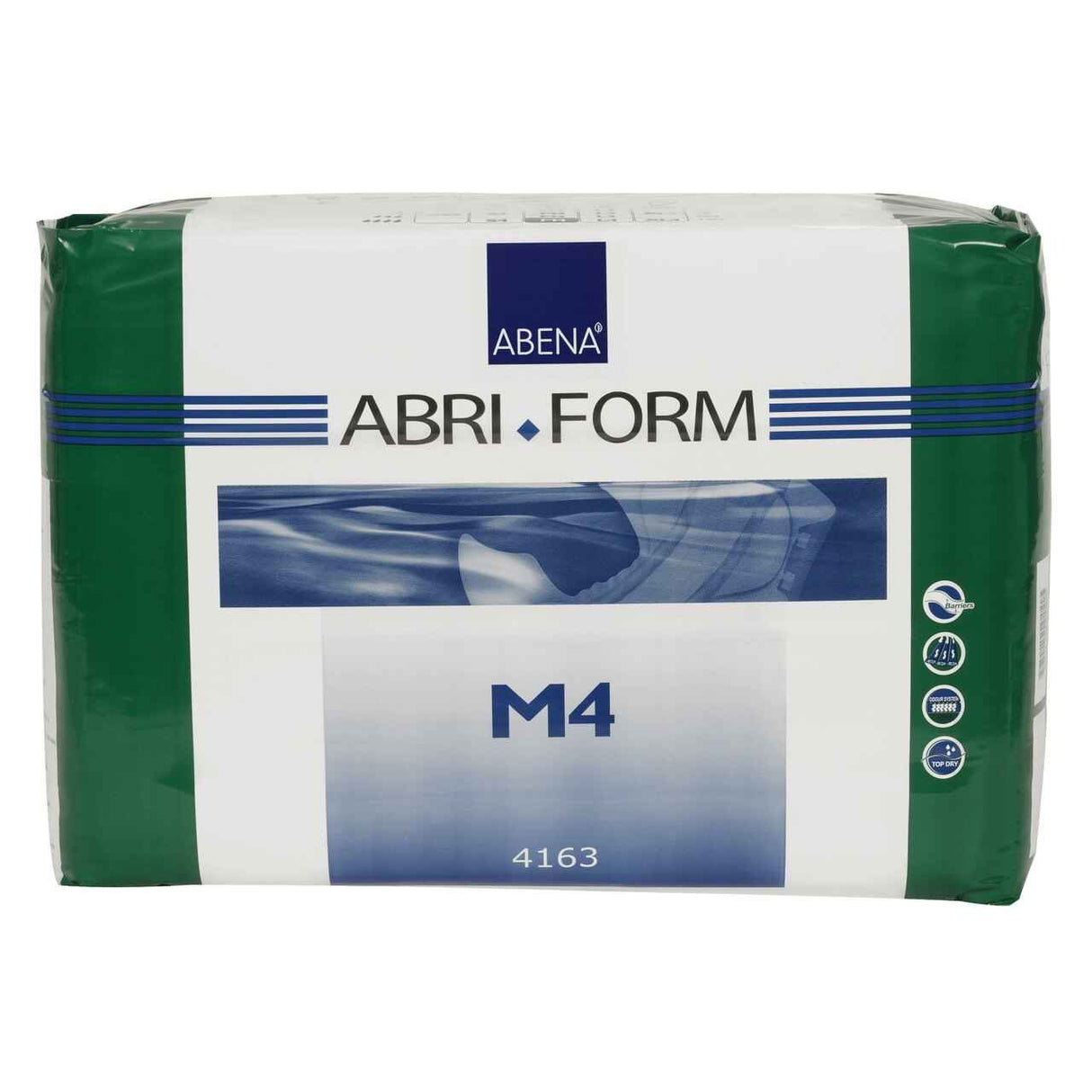 A package of Abena Abri-Form Comfort Level 4 Adult Diapers w/ Plastic Backing by Abena features a green and white design with blue text and icons, product number 4163, and provides reliable classic plastic-backed protection.