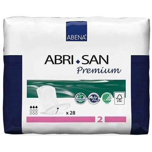 A pack of Abena San Premium Incontinence Pads by Abena, size 2, includes 28 pads in white and blue packaging featuring an absorbent core for comfort plus product logos and certification symbols.