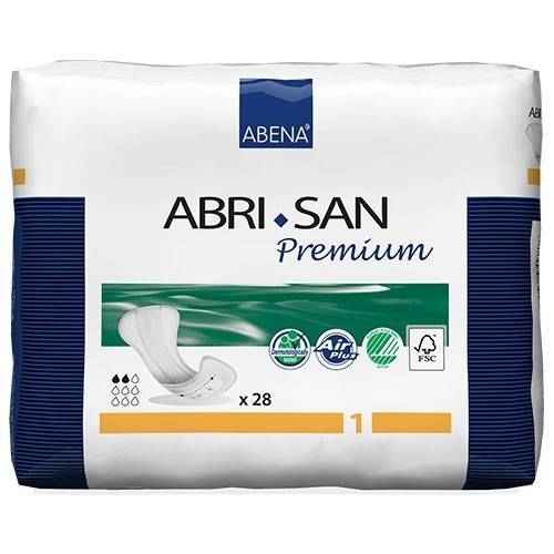 Abena San Premium Incontinence Pads by Abena, size 1, offer reliable absorbency. The pack contains 28 pads in mainly white packaging with blue and green accents, displaying product info and icons.
