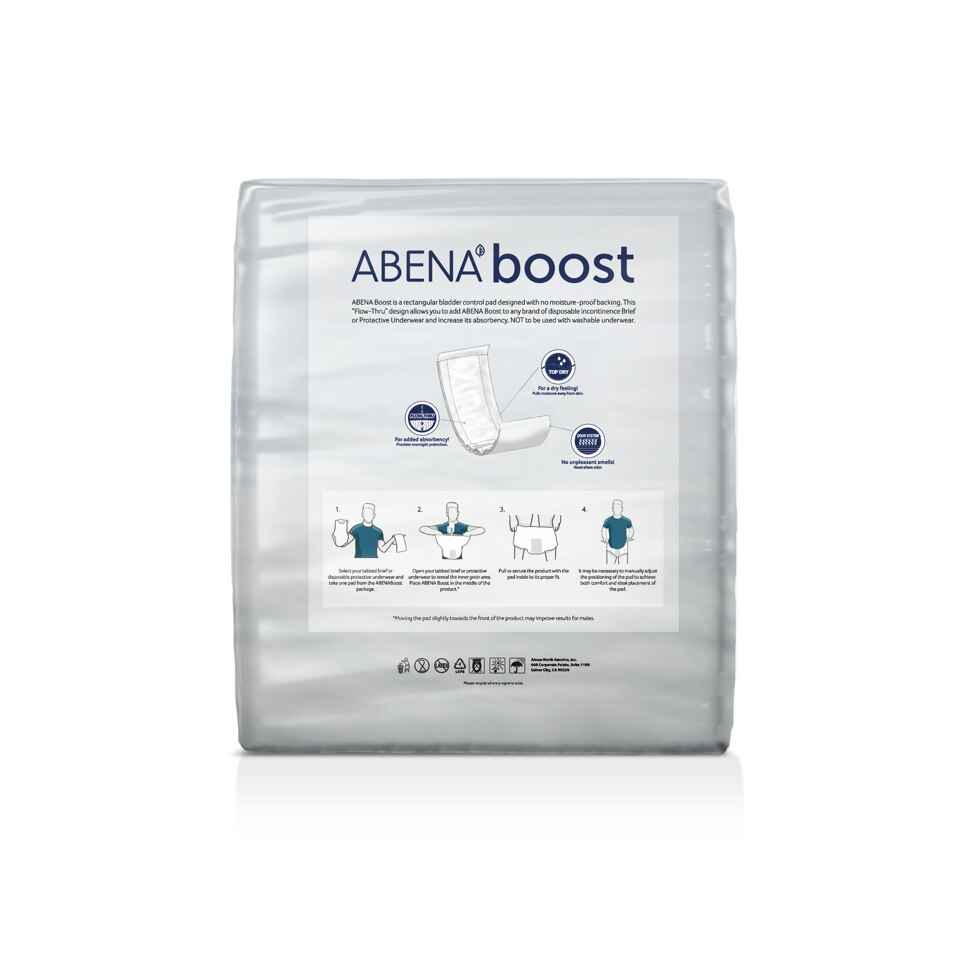 A package of Abena Boost Booster Pads by Abena, made for heavy absorbency, features product details and illustrated instructions on the front, all set against a plain white background.