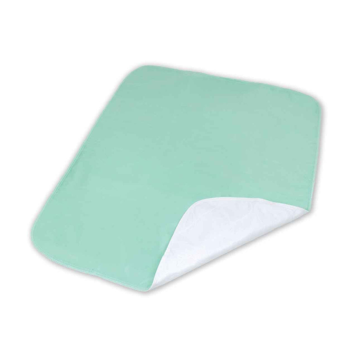 The Abena Essentials Washable Reusable Underpad by Abena is a rectangular, light green waterproof bed protector with rounded corners, shown partially folded to show its absorbent white underside on a white background.
