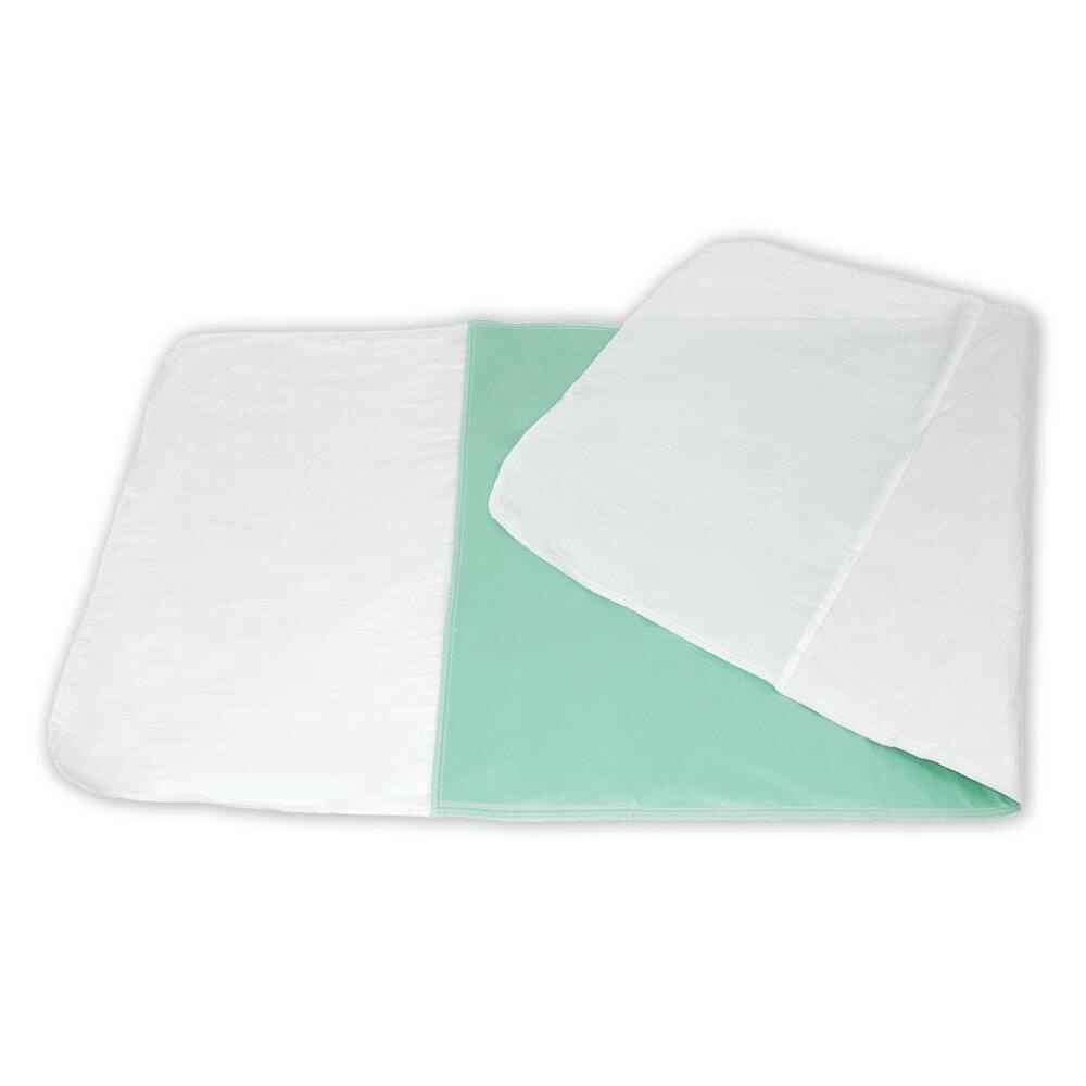 The Abena Essentials Washable Reusable Underpad by Abena is a rectangular, white bed pad with a light green waterproof backing, shown partially folded to display both sides, ideal as a washable protector for incontinence or medical bedding.