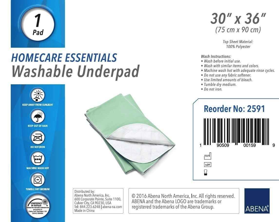 Product label for Abena Essentials Washable Reusable Underpad, 30x36, with key details, care instructions, reorder no. 2591, barcode, distributor info—features icons and images of this absorbent Abena incontinence bed pad.