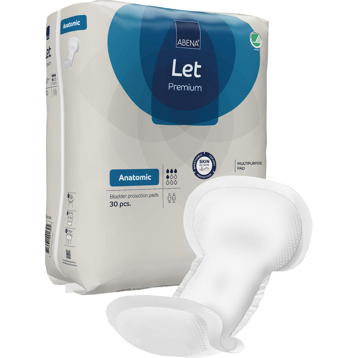 A package of Abena Let Anatomic Insert Pads by Abena is shown, with one pad displayed in front. The white and blue pack contains 30 pads for light incontinence, offering skin-friendly and multipurpose benefits.