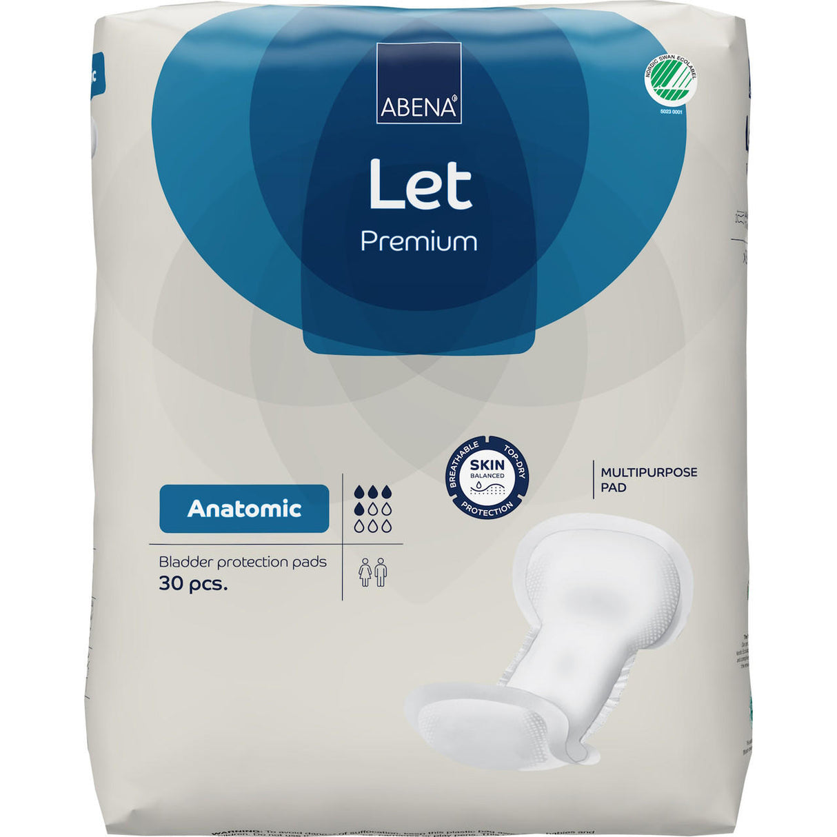 A package of Abena Let Anatomic Insert Pads by Abena, featuring one anatomic-shaped pad shown outside. The label indicates 30 pads for skin protection and heavy absorbency—ideal as a light incontinence solution.