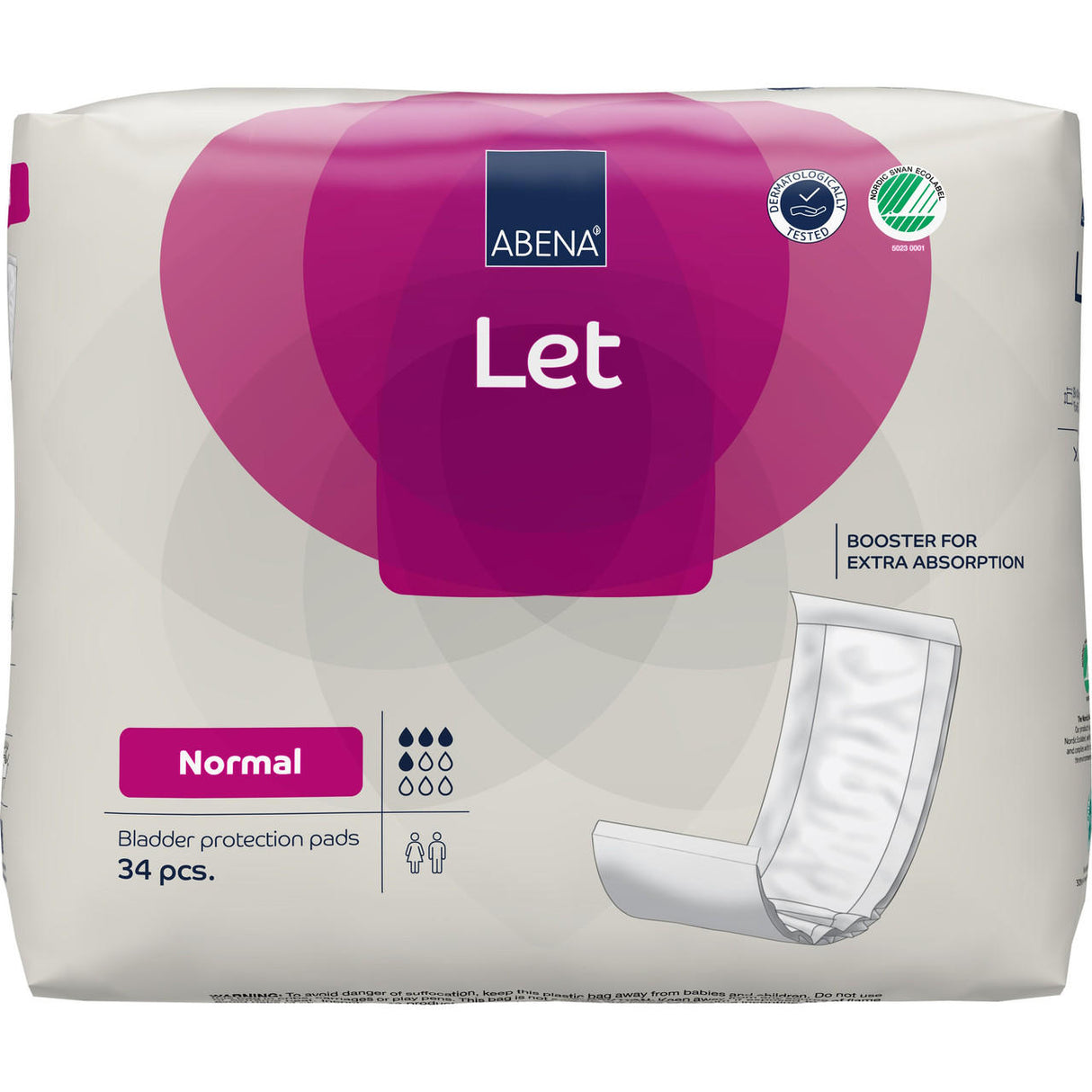 A pack of Abena Let Normal Insert Pads by Abena contains 34 pieces. The white and pink packaging displays an insert pad image plus icons for bladder protection and extra absorption.