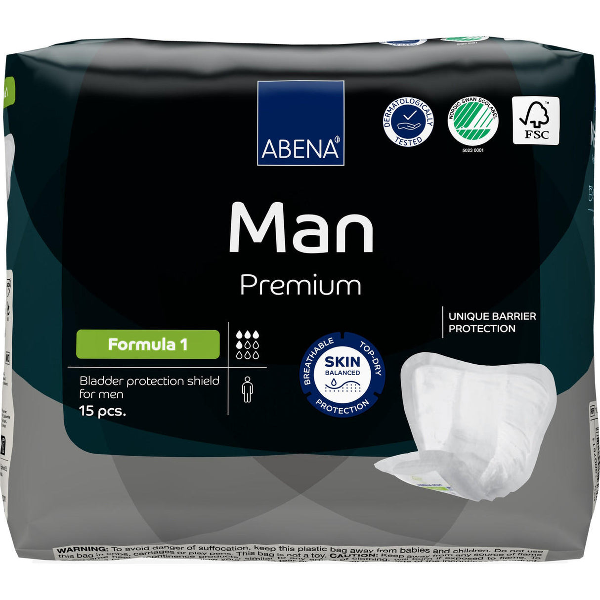 A pack of Abena Man Formula 1 Insert Pads by Abena includes 15 pads. The black packaging displays icons for breathability, skin protection, and unique barrier protection—trusted for male incontinence care.
