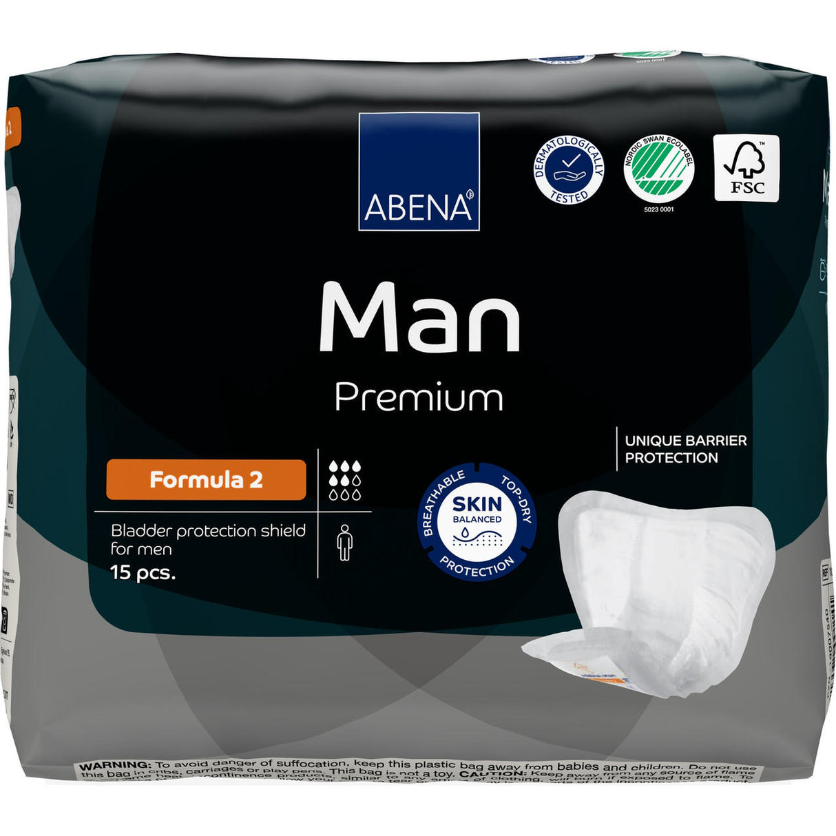 The Abena Man Formula 2 Insert Pads by Abena come in a 15-piece pack with dark packaging, featuring skin protection, breathability, and unique barrier protection—ideal adult incontinence pads for men.