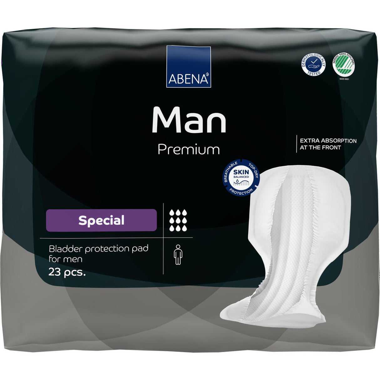 Abena Man Premium Special Pad by Abena, 23-pack. Designed for heavy male incontinence with extra front absorption and skin-friendly materials. Package features an image of the pad on the right.