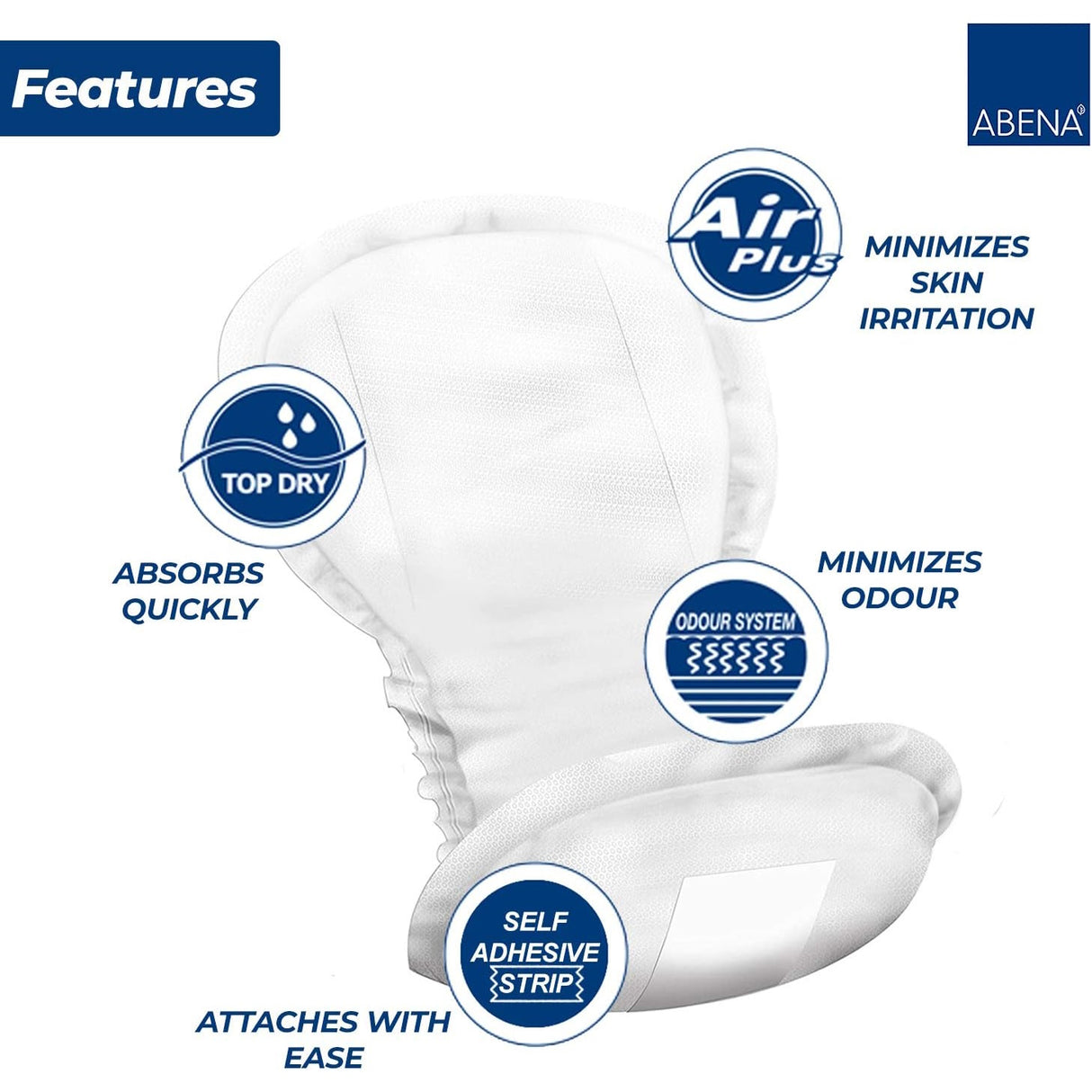 Abena Maternity Pads, Super by Abena provide heavy absorbency for postnatal incontinence, with a top dry layer, odour control system, and self-adhesive strip for quick absorption, reduced odour, and minimized skin irritation.