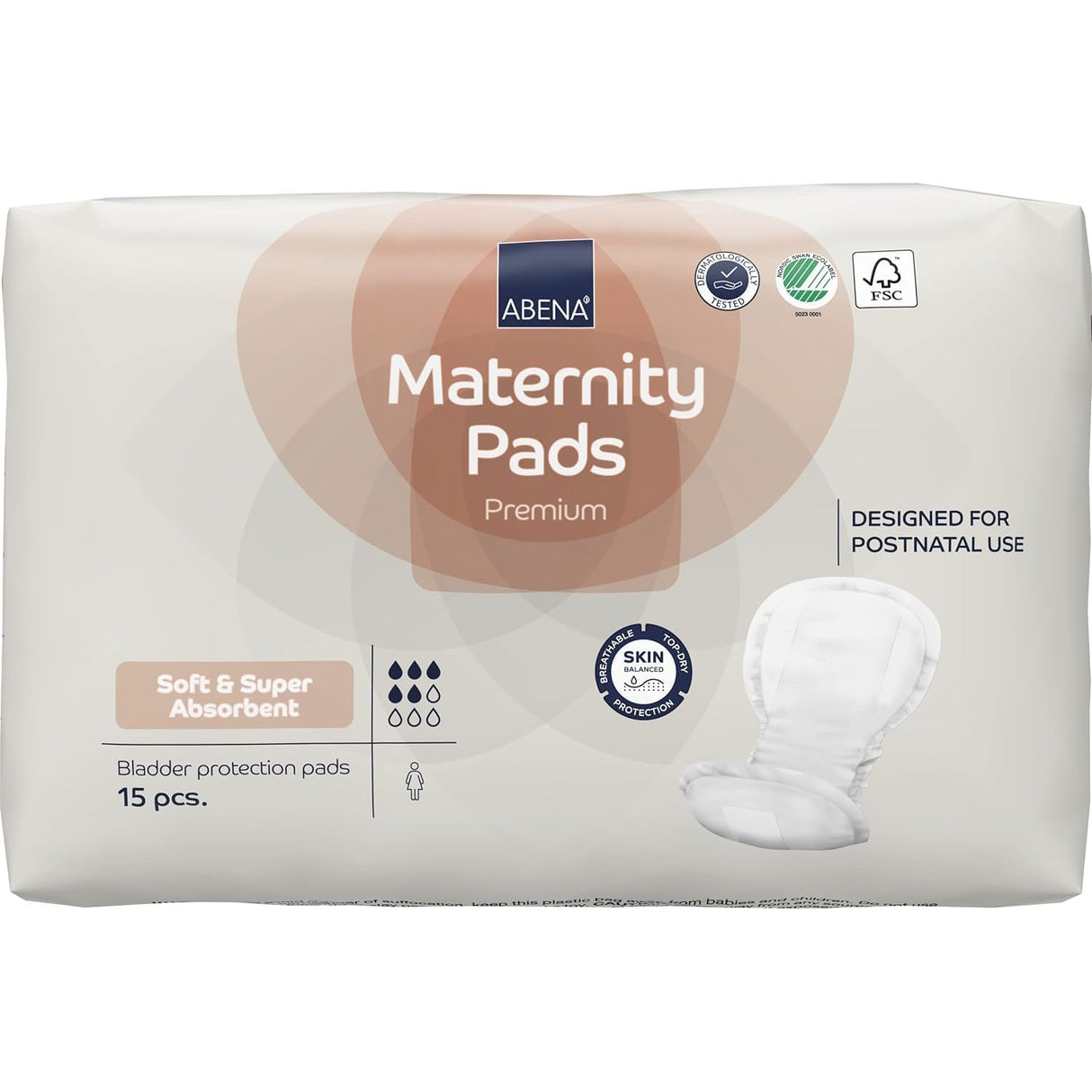 Abena Maternity Pads, Super by Abena are soft, super absorbent postnatal pads with heavy absorbency. Each pack contains 15 pads and features multiple certification logos for quality assurance.