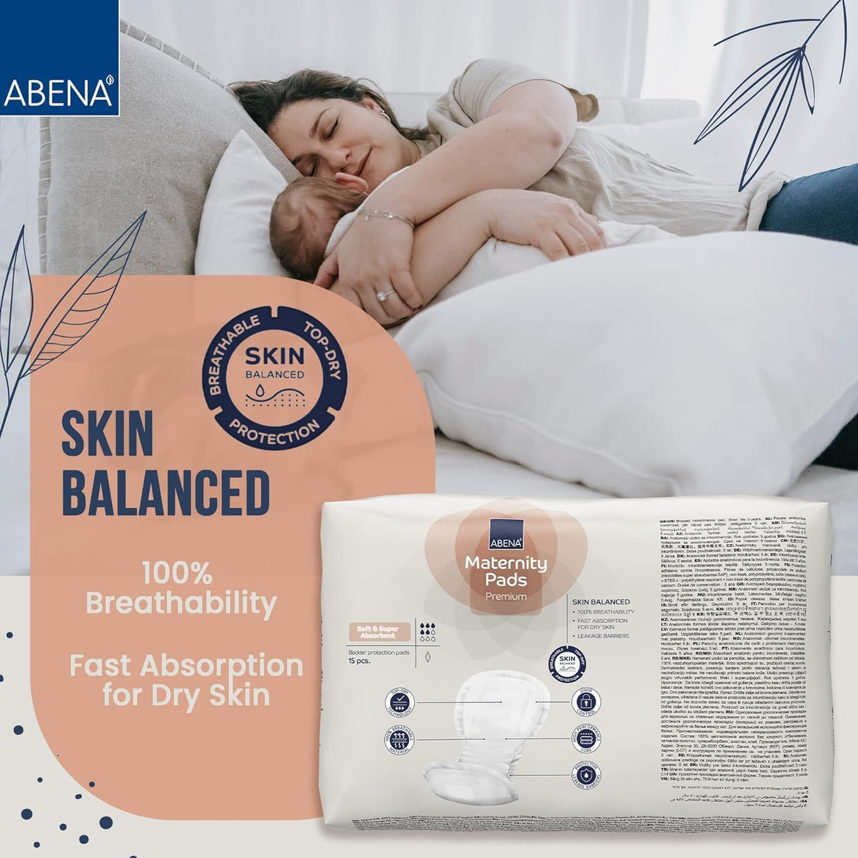 A woman cuddles her baby on a bed. Text highlights Abena Maternity Pads, Super by Abena for postnatal use—offering heavy absorbency, 100% breathability, fast absorption for dry skin, and skin balance. The package is shown at the bottom.