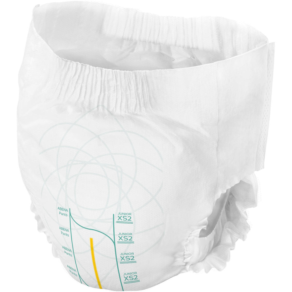 The Abena Pants Junior Youth Incontinence Pull Ups, XS2 by Abena are white disposable pull-ups with an elastic waistband and leg openings, plus light blue and yellow printed lines and sizing info on the front—perfect for youth incontinence needs.